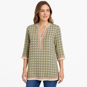 ARK & CO. Boho Geometric Tunic Top Pink Trim Tassel Hem Size Small